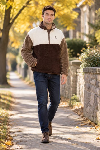 Rc-4821 Men's Ecru-Brown Half-Zip Plush Fleece Coat