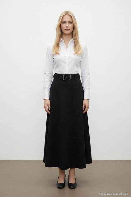 Perye Elastic Waistband Detailed Evaze A-Line Women's Long Skirt & Hijab Skirt - Black