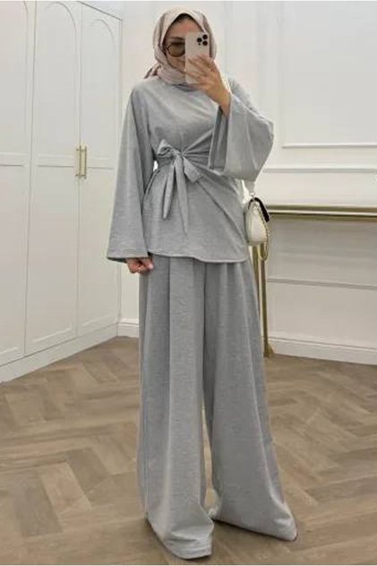 Women's Gray High-Necked Waist-Tied Two-Piece Hijab Set Nms109