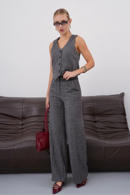 Women's Patterned Wide-Leg Palazzo Pants and Vest with Pockets and Belt