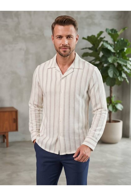 Men's Long Sleeve 100% Cotton Blend Regular Fit Dobby Lapel Striped Shirt