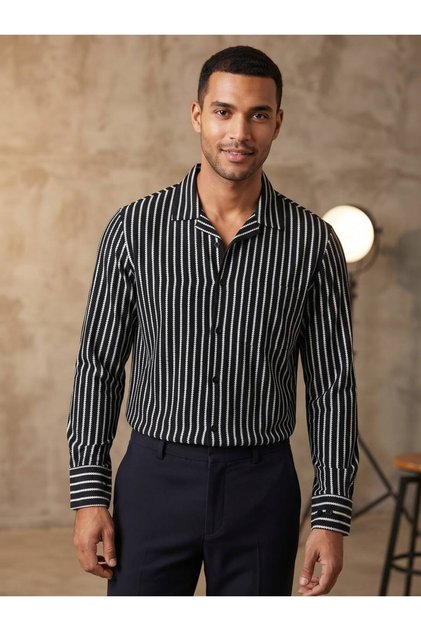 Men's Long Sleeve 100% Cotton Blend Regular Fit Dobby Lapel Striped Shirt