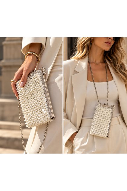 White Sequined Hand Knitted Bag – Embroidered Metal Framed Evening Dress Bag with Chain Strap