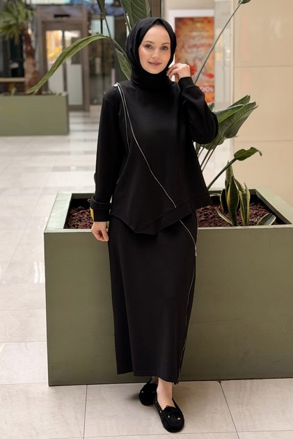 Luna Skirt Set with Cross Zipper Detail on Blouse and Skirt