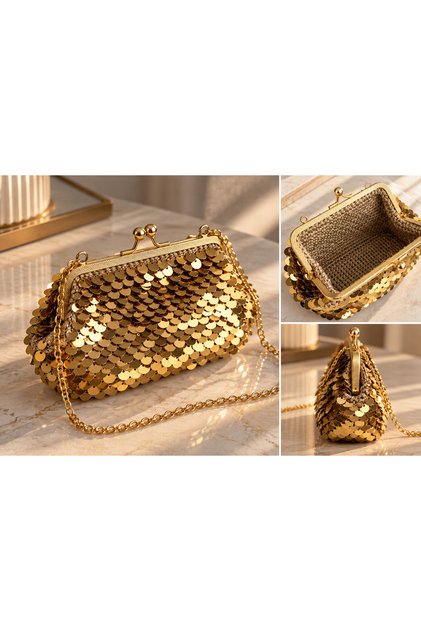 Gold Sequined Hand Knitted Women's Evening Dress Bag – Stylish Bag with Chain Strap and Metal Clip