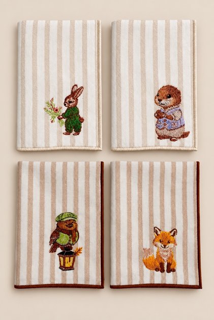 Vintage Embroidered Decorative Hand Towel Set of Four – 100% Cotton, Striped Linen Texture (30×45)