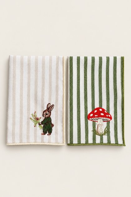 Vintage Rabbit & Embroidered Decorative Hand Towel Set of Two – 100% Cotton, Striped Linen Texture (30X45 cm)