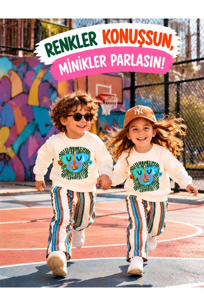 Kız Erkek Çocuk Ekru Maymun Baskılı Sweatshirt ve Renkli Çizgili Pantolon 2'li Takım