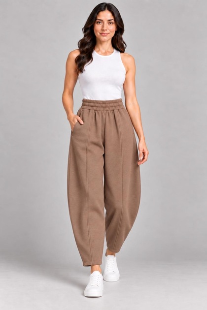 Women's Milk Coffee Color Scuba Fabric High Front Seam Detailed Balloon Trousers Barrel Cut