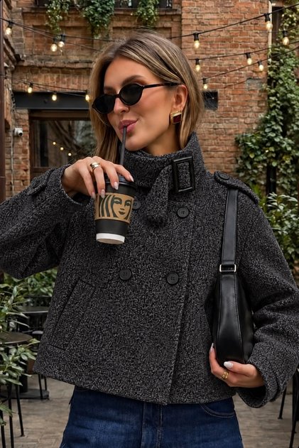 Lorven Oversize Dik Yaka Antrasit Viral Kadın Kaşe Kaban Ceket