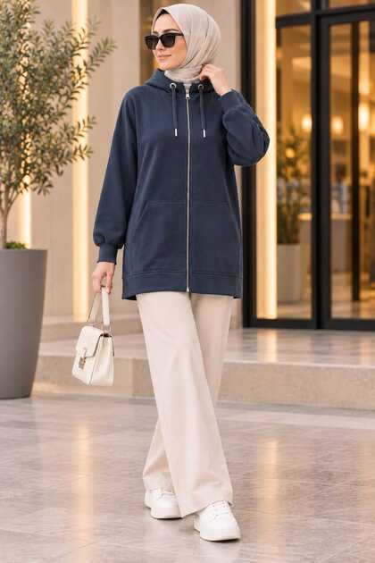Women's Hooded Modal Fabric Zippered Long Wide Fit Sweatshirt Hijab Tunic
