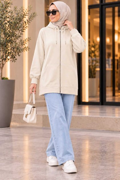 Women's Hooded Modal Fabric Zippered Long Wide Fit Sweatshirt Hijab Tunic