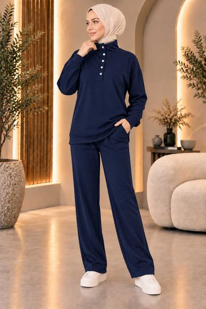 Women's Hijab Snap Collar Modal Fabric Double Set with Wide Leg Pants, Comfortable Cut, Sporty and Stylish Set