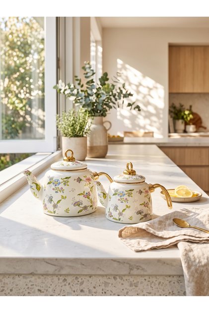 Double Dore Turkish Teapot Set with Flower Design and Golden Handles