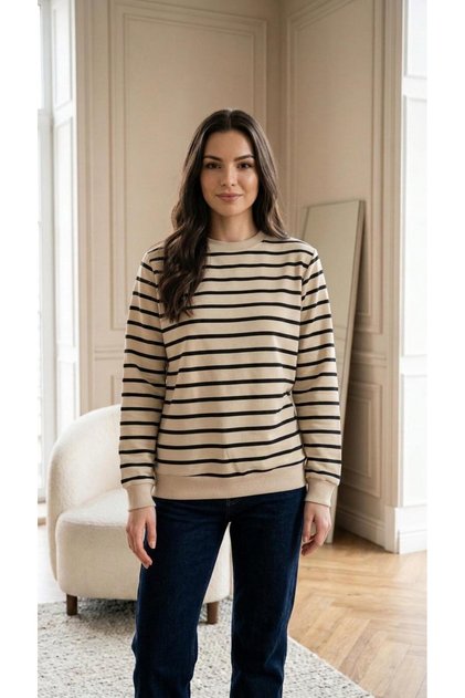 Women's Basic Black Striped Long Sleeve Cotton Sweatshirt