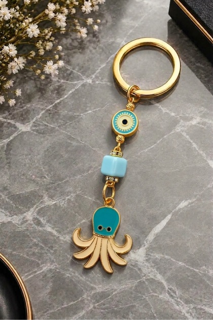 Light Blue Octopus Metal Keychain, Lucky Keychain, Metal Evil Eye Keychain Bag Accessory
