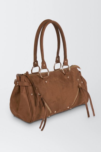Women's Savana Tan Suede Studded Tassel Zipper Detailed Cross Strap Lined Shoulder Bag