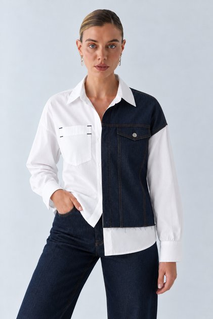 Oversized White Shirt with Denim Detail
