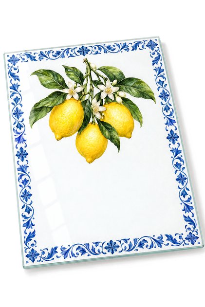 Blue Tile Framed Lemon Patterned Tempered Glass Cutting Board 25X35 cm