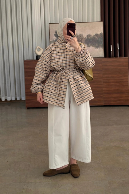 Plaid Pattern Waist Drawstring Jacket - 62621 - Brown & Beige (Os)