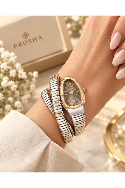 Brosha Women's Two-Tone Watch with Brown Dial Trendy Snake Wrap Design and Crystal Accents - a Touch of Luxurious Charm