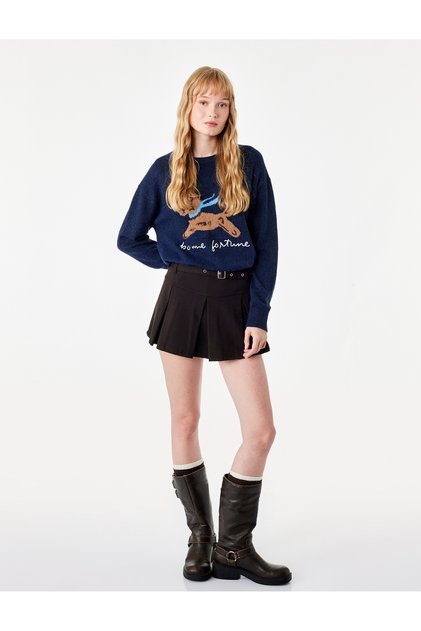 Long Sleeve Crew Neck Dog Pattern Knit Sweater