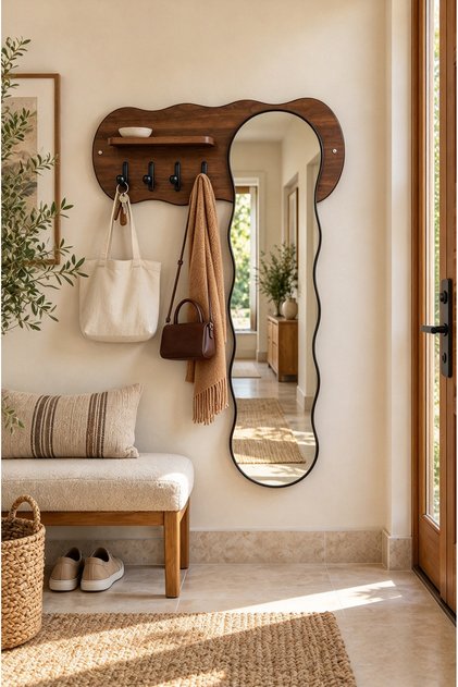 Wall-Mounted Full-Length Mirror (with Clothes Rail, 4 Hooks, and Shelf) 120x80cm – Wavy-Design Entryway Mirror with Storage – Wooden Mirror for Hallway or Bedroom – Space-Saving