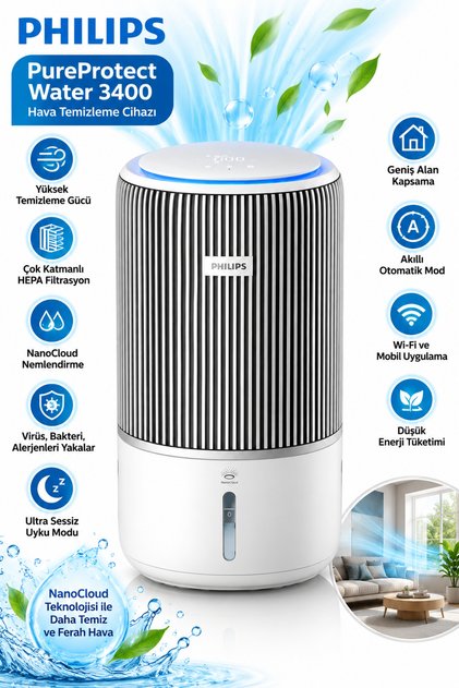 PureProtect Water Hava Temizleme ve Nemlendirme Cihazı, NanoCloud Teknolojisi, HEPA Filtreleme, Akıllı Hava Kalitesi Sensörü, Otomatik Mod, Wi-Fi Kontrol, Beyaz ac3420/10