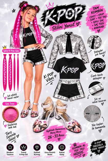 Kpop Huntrix Mira Costume - Leather Jacket - Shorts - Crop T-Shirt - Pink Light Mira Hair - Pink Hair Powder - Kpop Shoes - Face Stone - 7-Piece Set Birthday Party Wedding Girl's Jacket