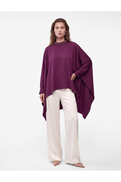 Oversize Satin Poncho Cape Blouse with Stones, Asymmetrical Cut, Batwing Sleeves