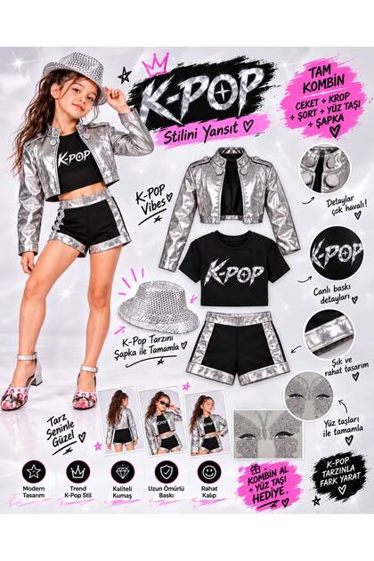Kpop Huntrix Rumi Mira Zoey Costume - Leather Jacket - Shorts - Crop T-Shirt - Face Stone - Grey Sequin Hat 5-Piece Set Birthday Party Wedding Girl's Jacket