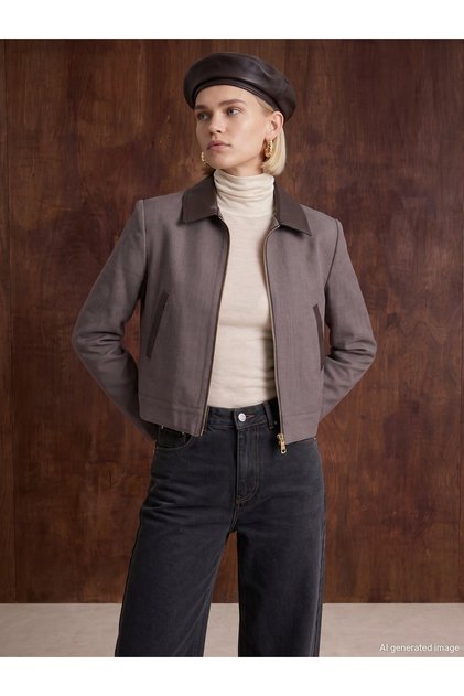 60830 Deri Detaylı Crop Ceket