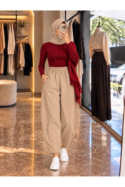 Scuba Front-Seam Pockets, Elastic Waist, Non-See-Through Balloon Pants