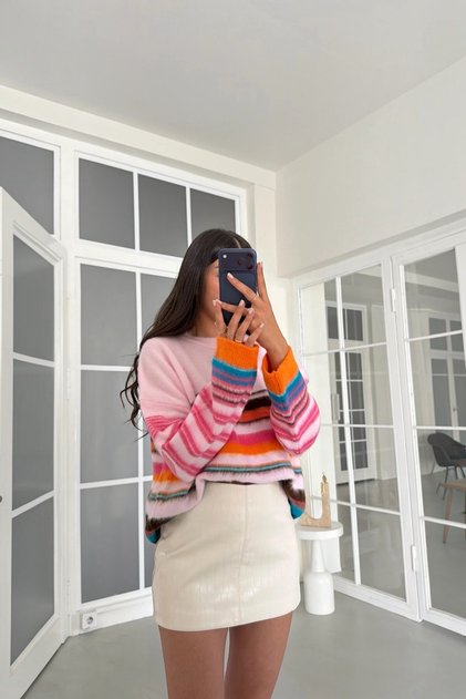 Women's Pink Striped Oversize Wool Sweater