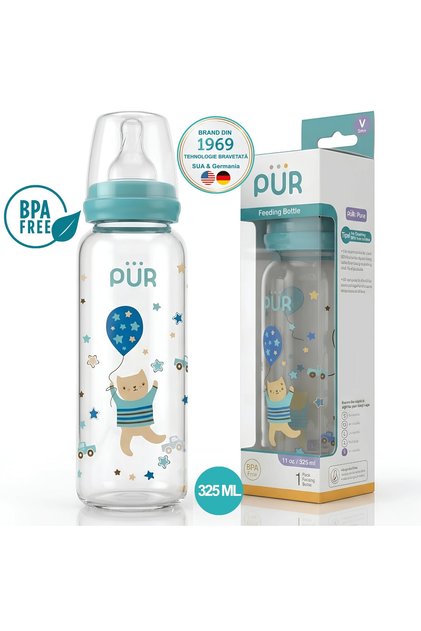 PUR ® Biberon cu modele, 325 ml, Turcoaz, 3m+, Tetina din silicon medical, Fără BPA, Ergonomic