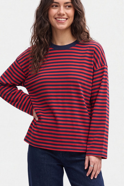 Kadın Çizgili %100 Pamuk Bisiklet Yaka Oversize Sweatshirt - Lacivert 2