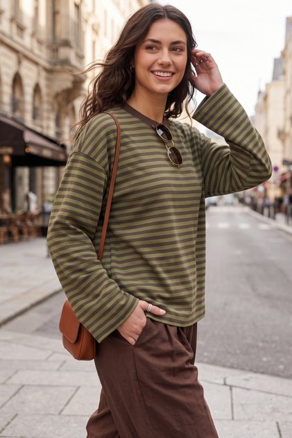 Kadın Çizgili %100 Pamuk Bisiklet Yaka Oversize Sweatshirt - Haki 2