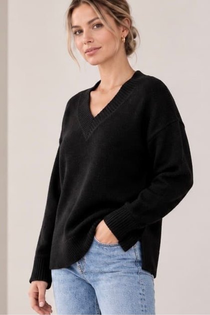 Women's V-Neck Soft Textured Side Slit Knitwear Sweater My4535