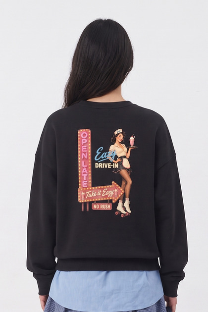 Oversize Sweatshirt Unisex Siyah Bisiklet Yaka DRIVE IN Baskılı