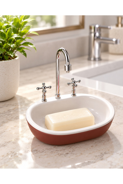 Decorative Mini Sink Design Solid Soap Dispenser – Bathroom Countertop Soap Holder with Faucet Detail