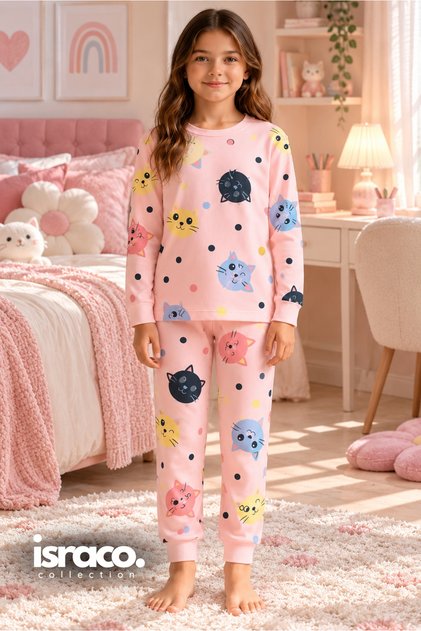 Girl's Cat Patterned 100% Cotton Interlock Fabric Long Sleeve Pajama Set