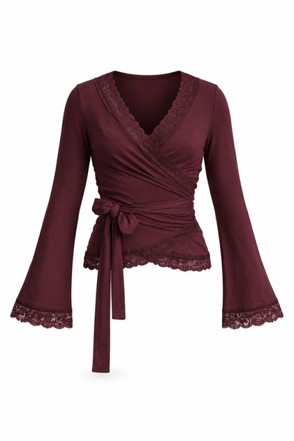 Lace Detailed Double Breasted Collar Tie Long Sleeve Blouse