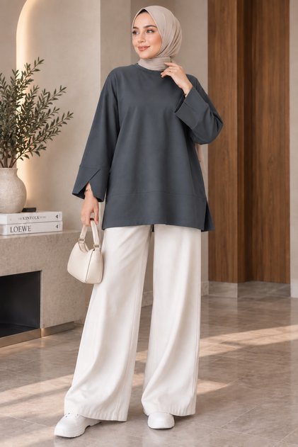Kadın Premium Oysho Kumaş Bisiklet Yaka Oversize Salaş Kesim Yırtmaç Detaylı Uzun Tunik Sweat