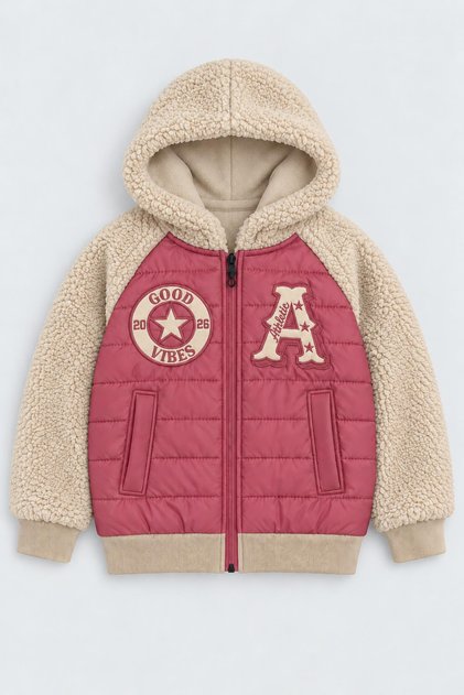 Girl's Quilted Plush Sleeve Hooded College Jacket