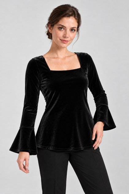 Square Neck Flounce Sleeve Velvet Blouse