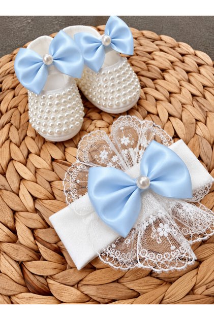 Baby Girl Bow Detail Shiny Pearl Booties Lace Bandana Set 10 cm Gift Booties Luxury Hook-and-Loop