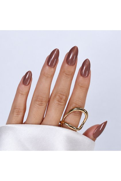 Sütlü Kahve Simli Cat Eye Kısa Badem Soft Jel Standart Beden 30'lu Takma Tırnak MKBD3661