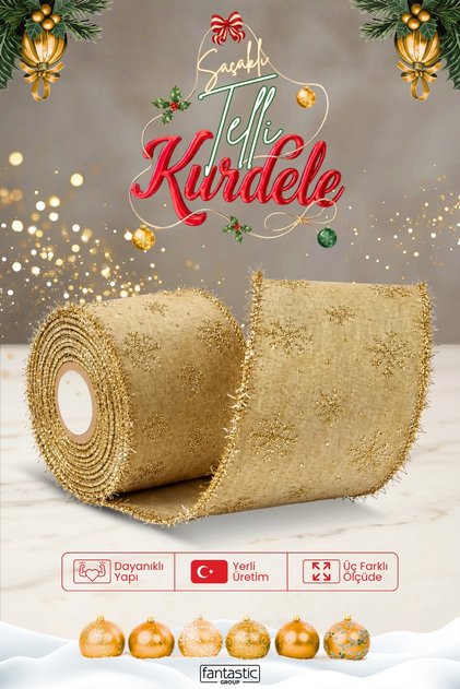 Yılbaşı Gold Kar Taneli Sim Saçaklı Telli Dokuma Kurdele 5 Metre – Gold Saçaklı Gizli Telli Hacimli Fiyonk ve Ağaç Süsleme Şeridi
