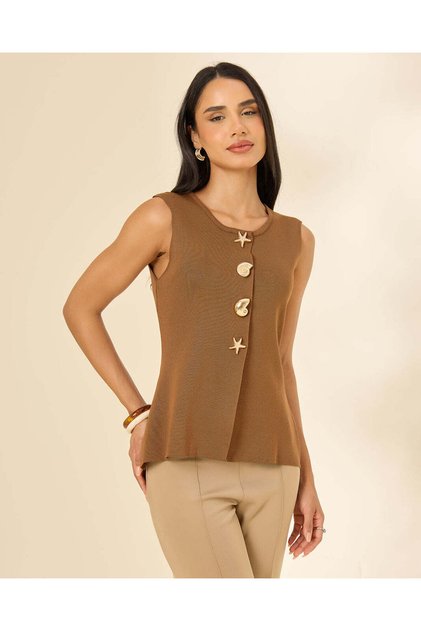 Women Brown V-Neck Button-Front Vest
