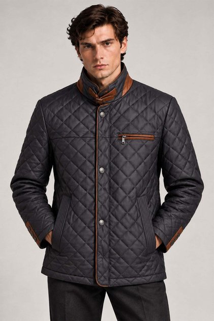 Men's Navy Blue Tan Detailed Quilted Genuine Leather Jacket